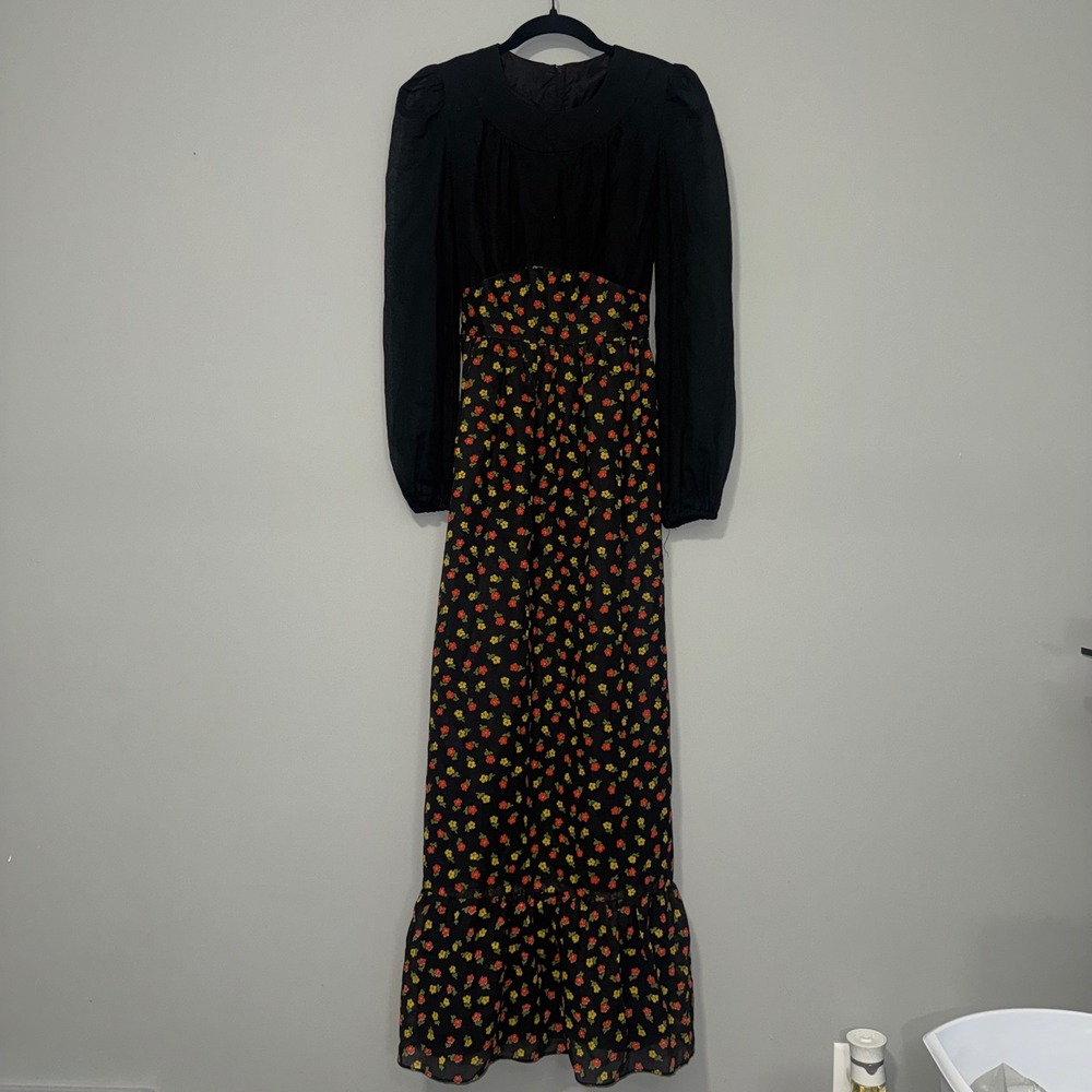 Vintage Miss Rita‎ California Black Floral Maxi Dress Empire Waist 70s Boho L